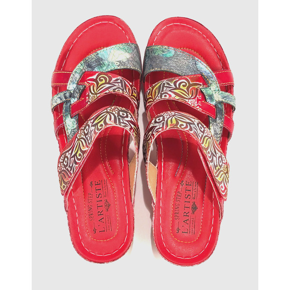 New L'Artiste Spring Step Womens Caiman Leather Wedge Slide Sandals Red 40M 9M - Picture 4 of 13